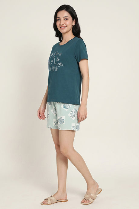 Zivame Shell Print Knit Cotton Short Set - Surf Spray — image 3